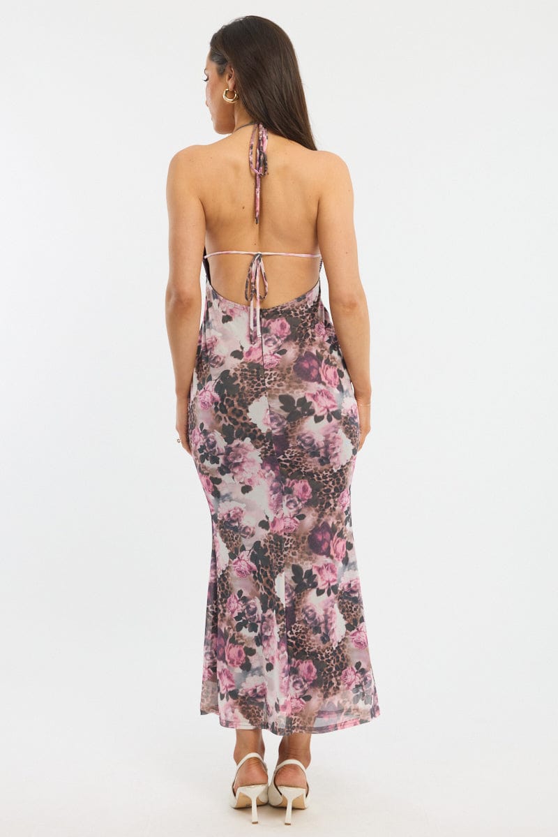 Brown Animal Print Bodycon Dress Halter Neck