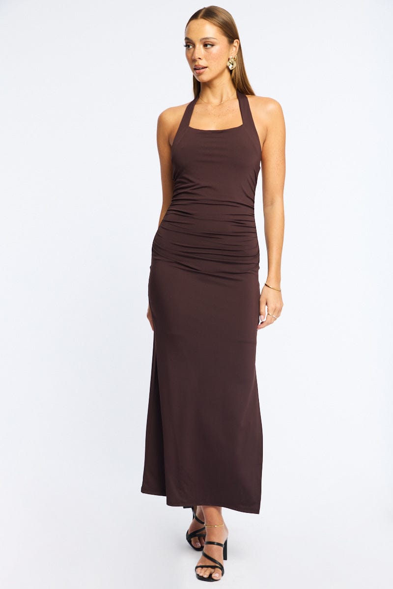Brown Bodycon Dress Halter Neck