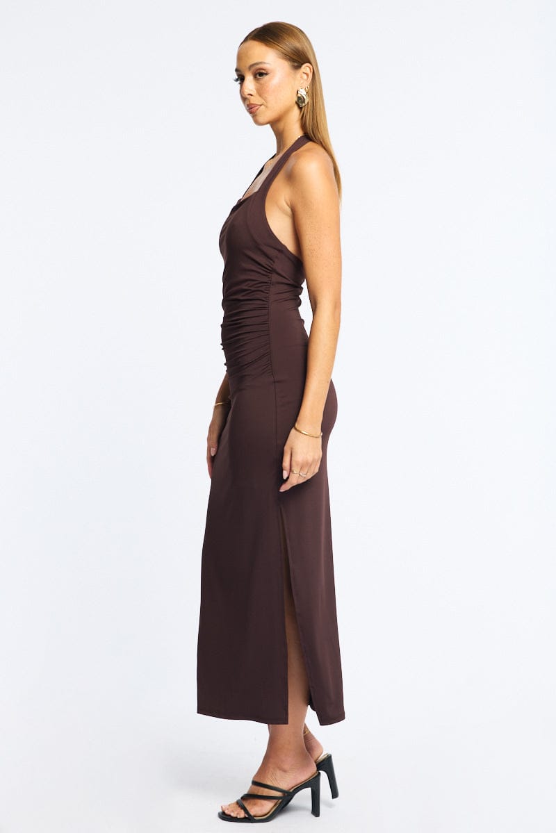 Brown Bodycon Dress Halter Neck