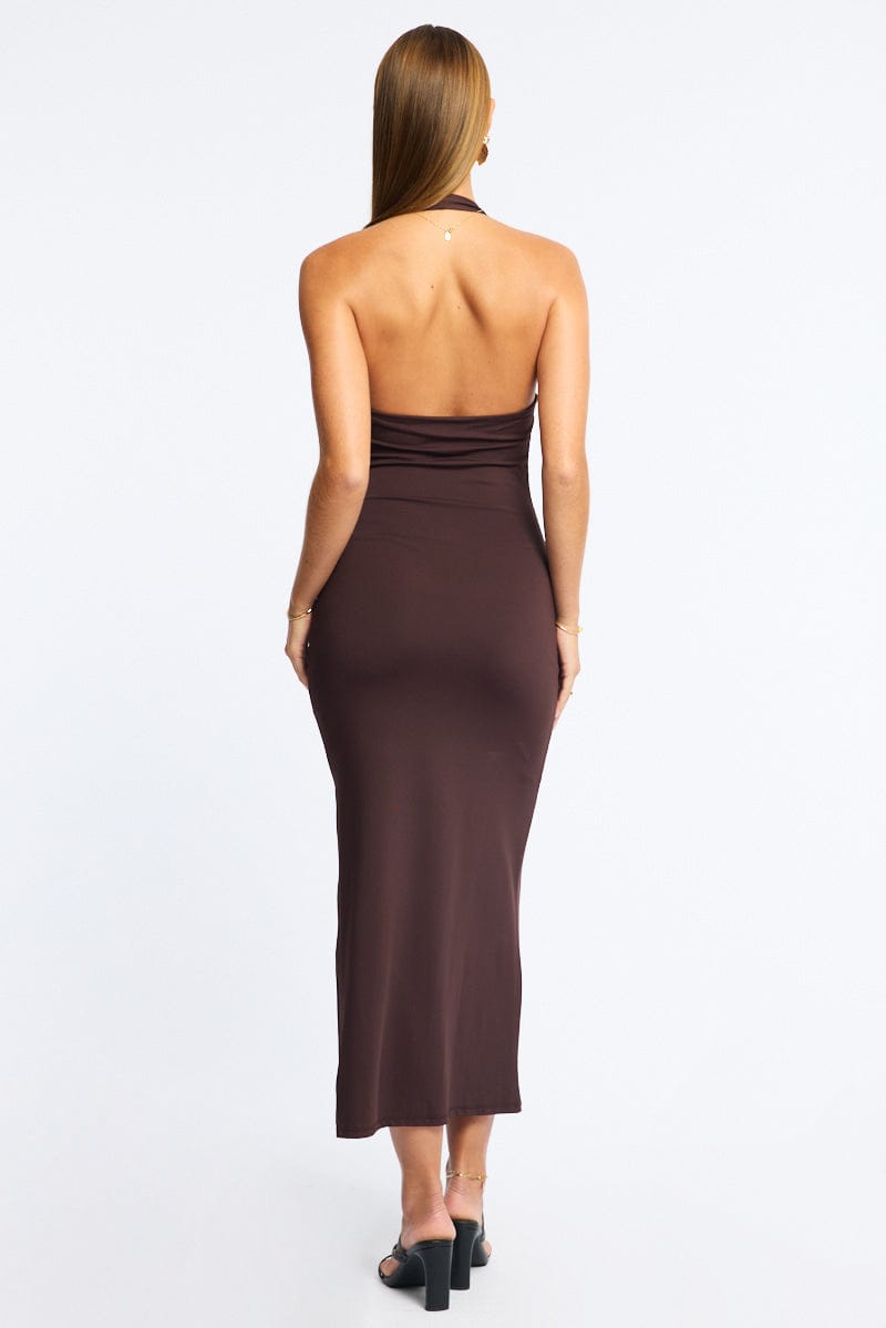 Brown Bodycon Dress Halter Neck