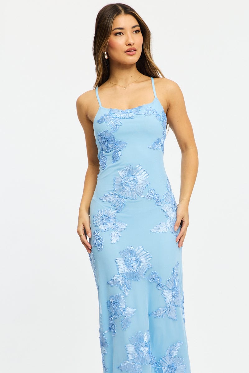 Blue Bodycon Dress Embroidered Mesh