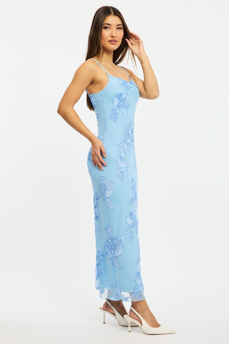 Blue Bodycon Dress Embroidered Mesh