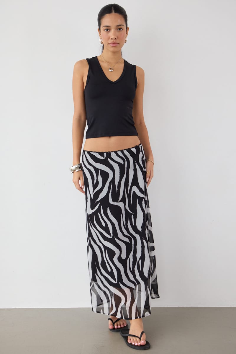 Black Animal Print Midi Skirt Mid Rise Chiffon Lined