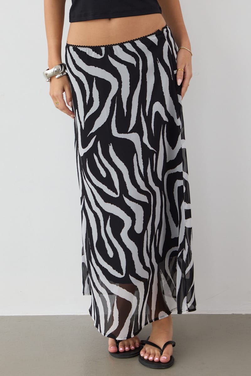 Black Animal Print Midi Skirt Mid Rise Chiffon Lined