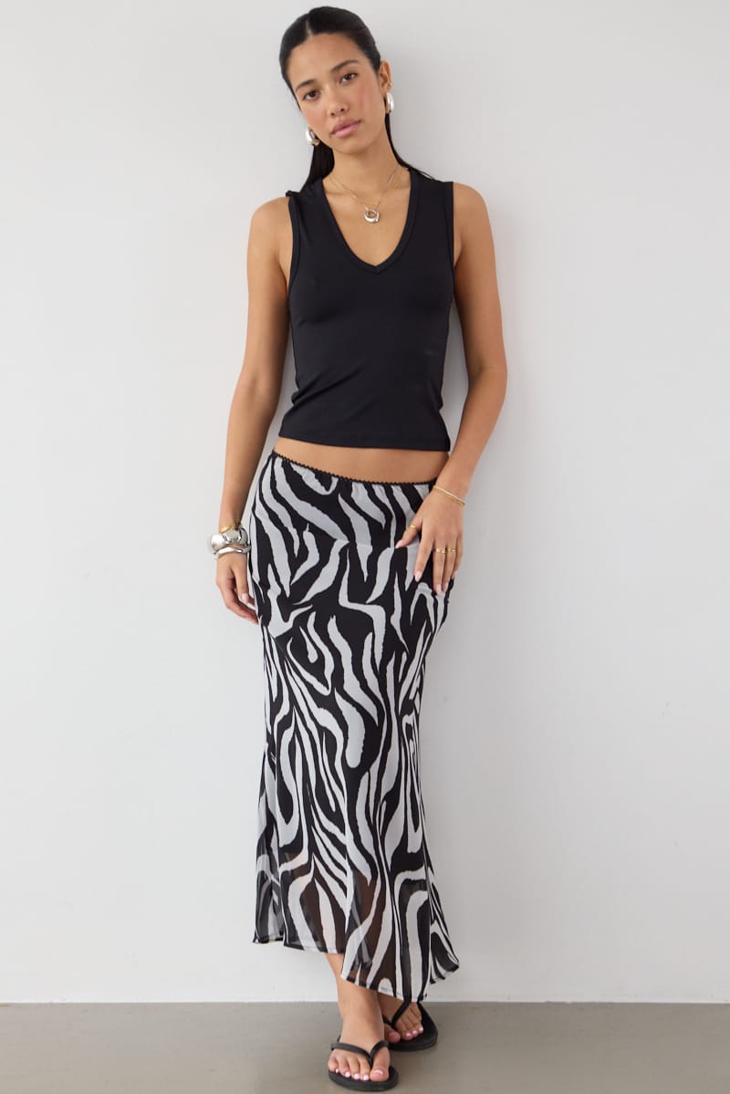 Black Animal Print Midi Skirt Mid Rise Chiffon Lined