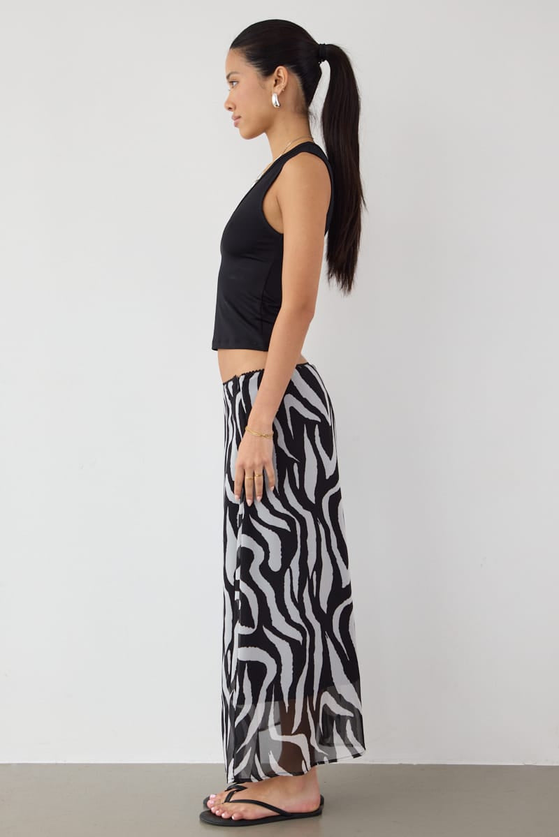 Black Animal Print Midi Skirt Mid Rise Chiffon Lined