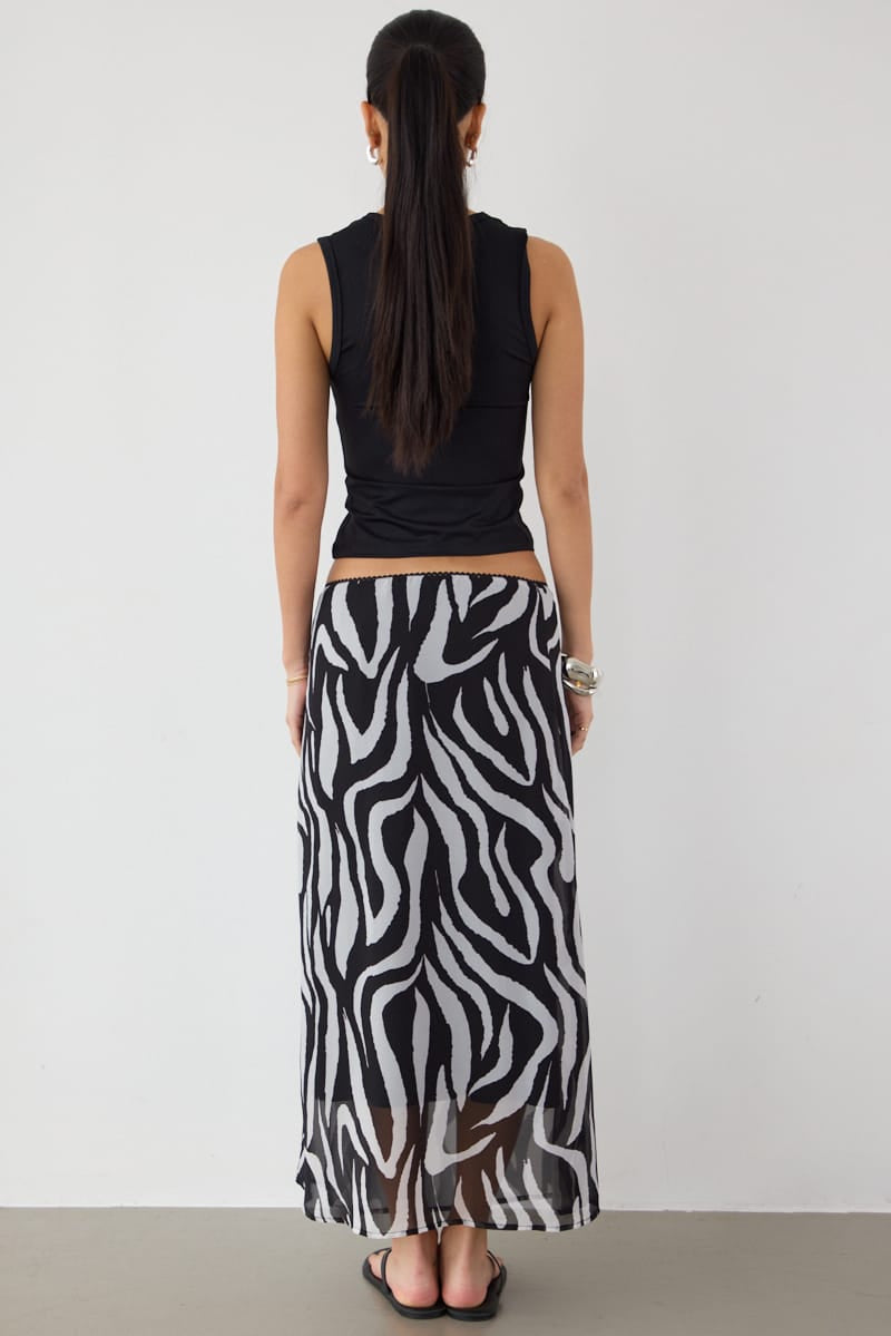 Black Animal Print Midi Skirt Mid Rise Chiffon Lined