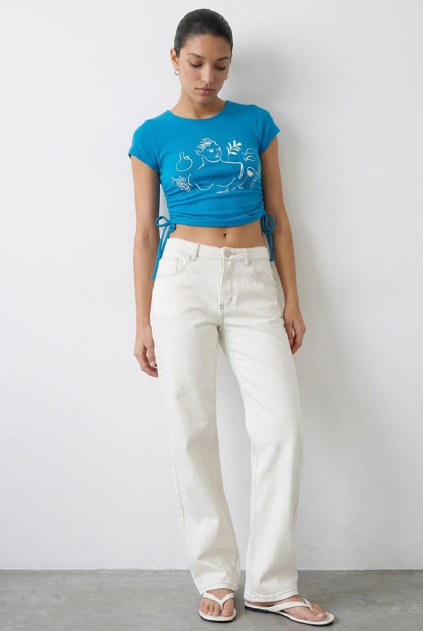 Blue Crop Top Short Sleeve Crew Neck Ruched Rib