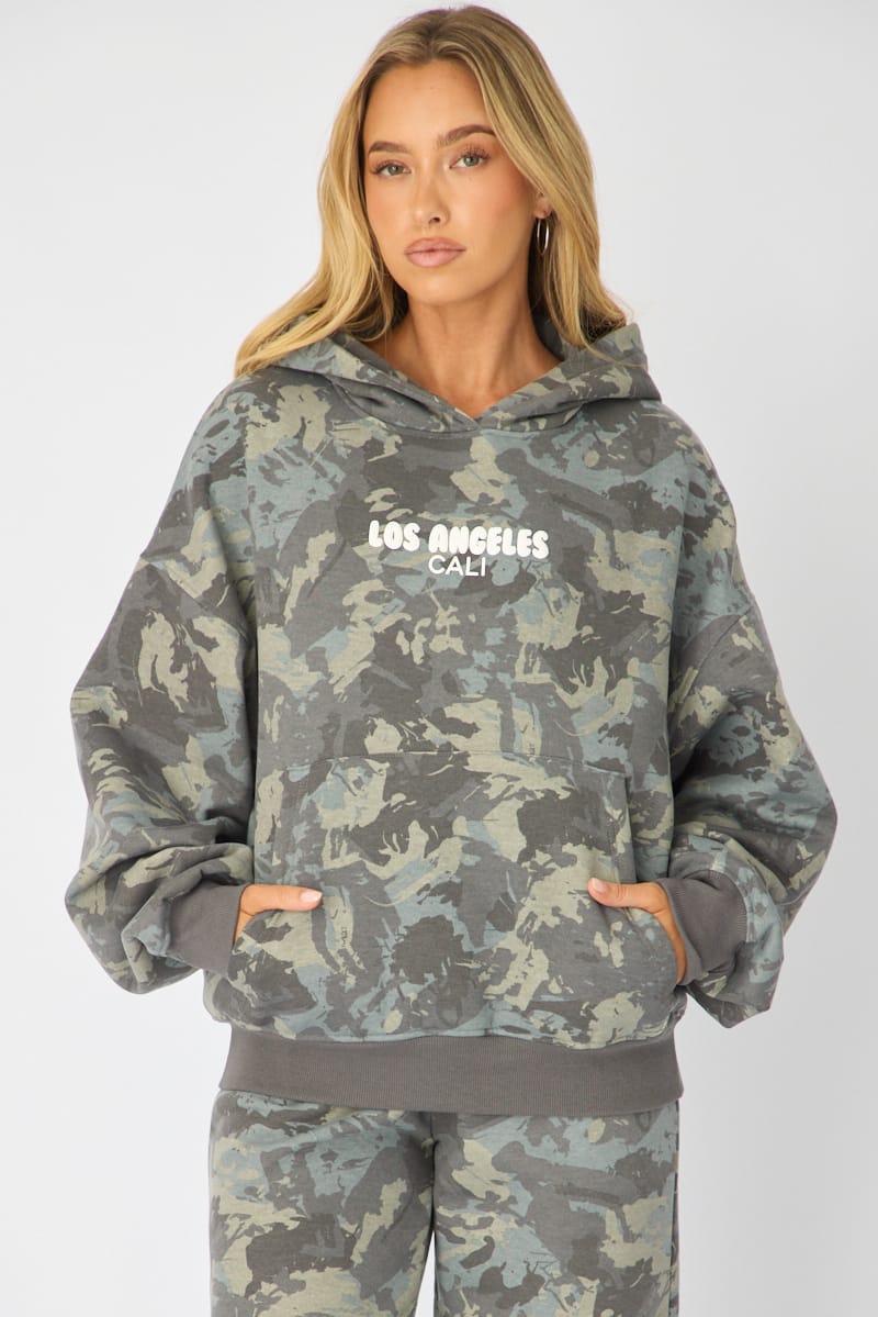 Green Print Hoodie Sweater Long Sleeve