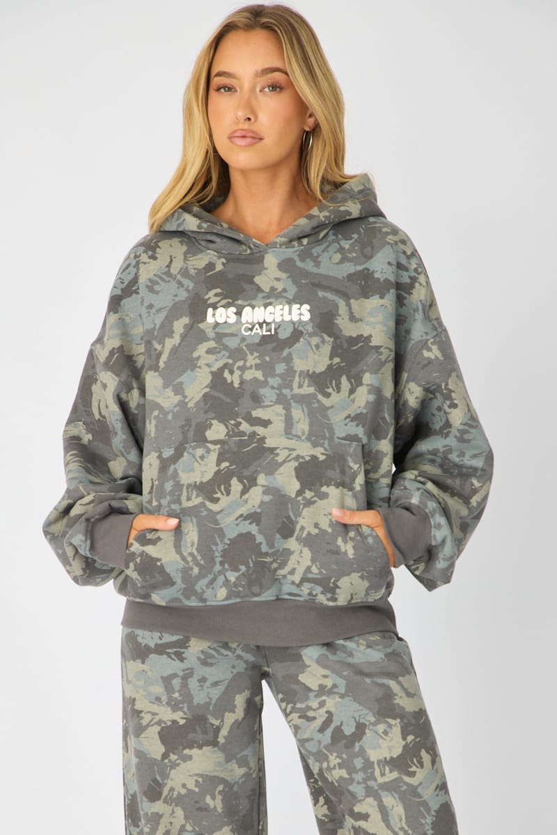 Green Print Hoodie Sweater Long Sleeve