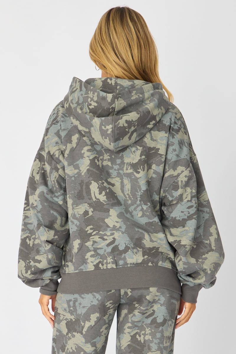 Green Print Hoodie Sweater Long Sleeve