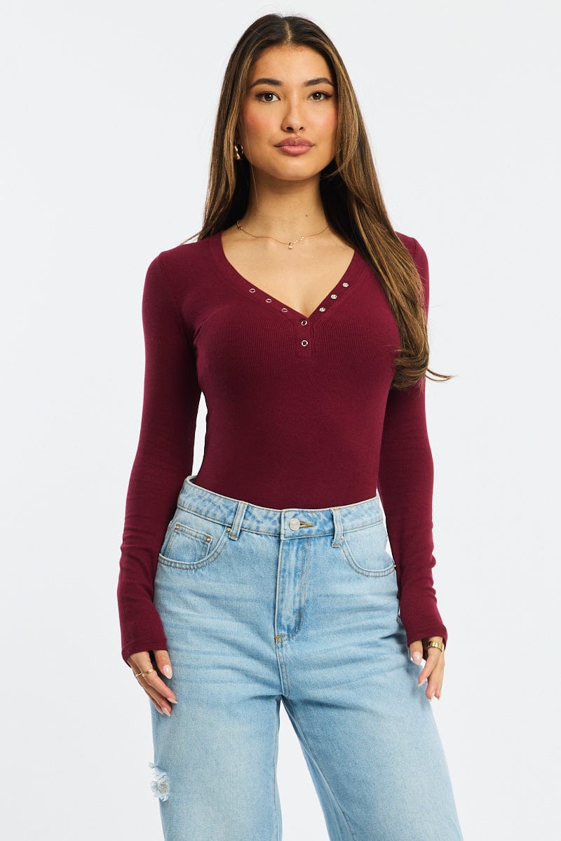 Red Henley Top Long Sleeve