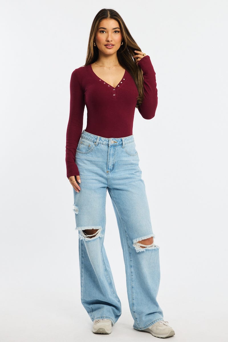 Red Henley Top Long Sleeve