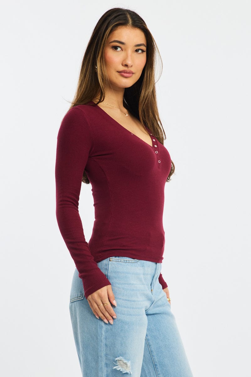 Red Henley Top Long Sleeve