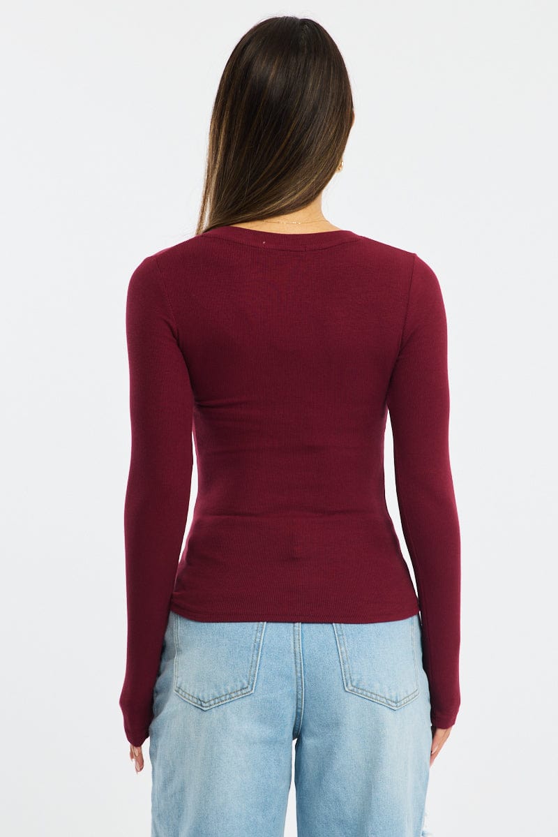 Red Henley Top Long Sleeve