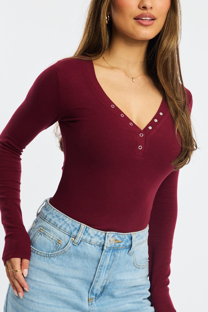Red Henley Top Long Sleeve