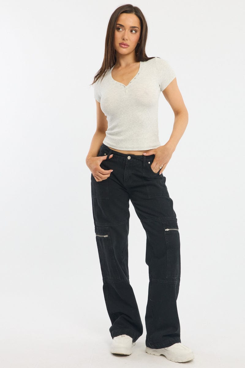 Grey Henley Top Short Sleeve
