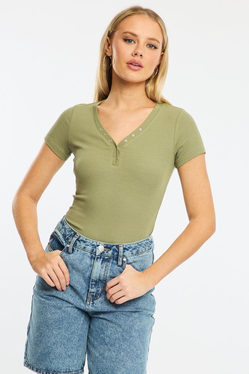 Green Henley Top Short Sleeve