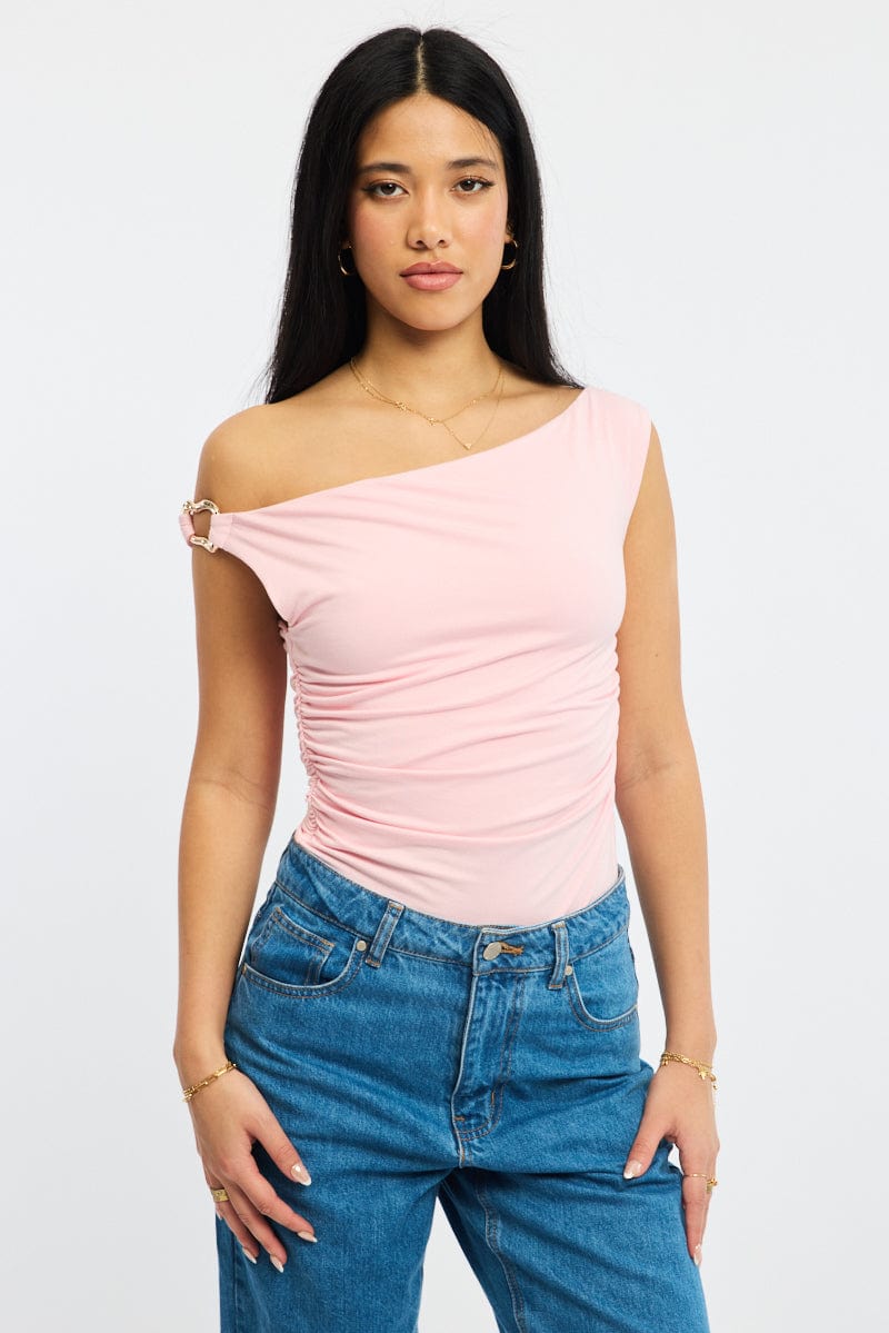 Pink One-Shoulder Bodysuit from Ally Fashion