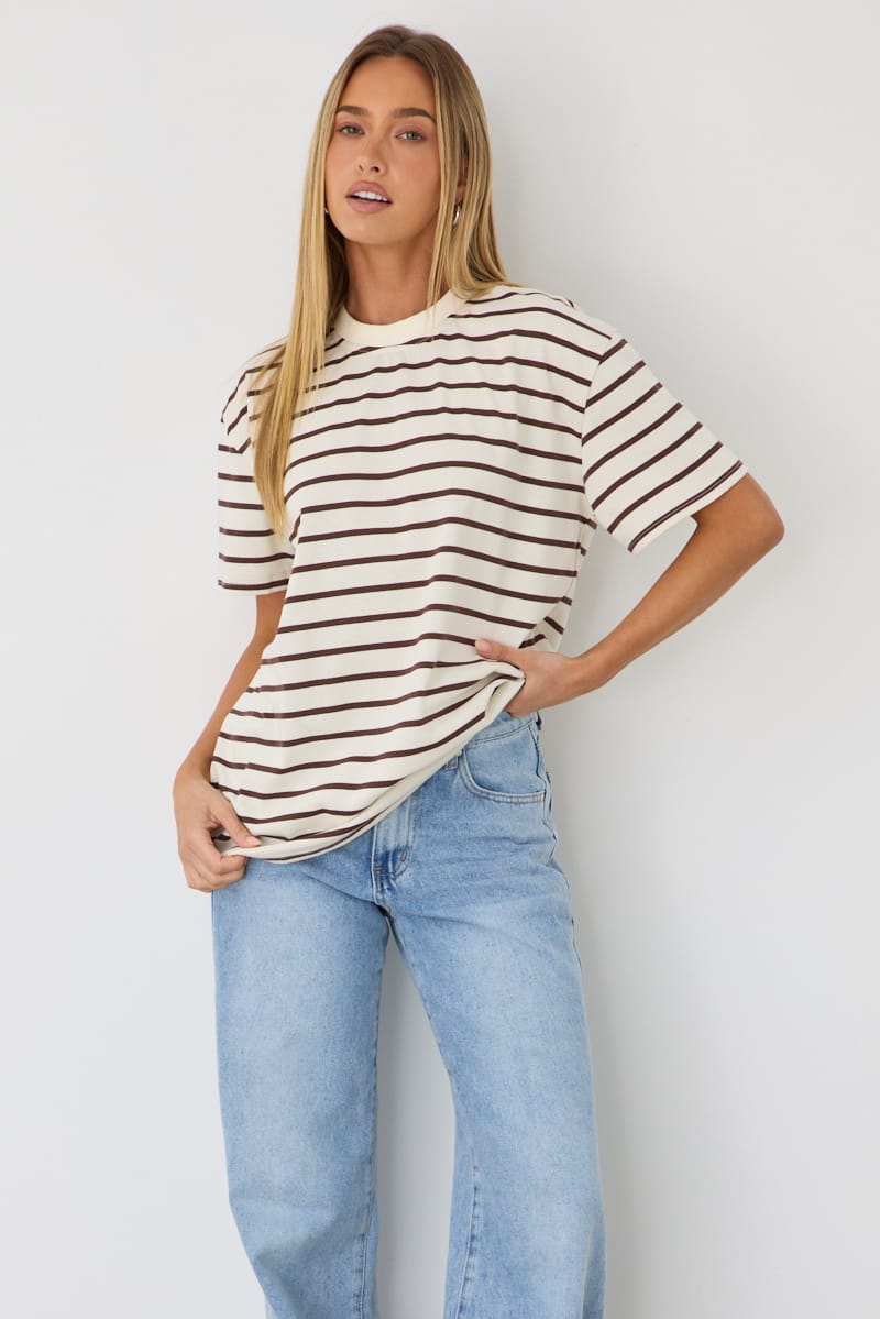 Brown Stripe Oversized Tee Short Sleeve