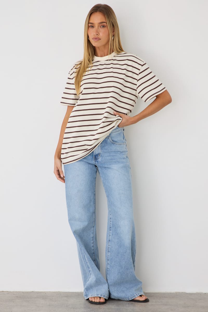 Brown Stripe Oversized Tee Short Sleeve
