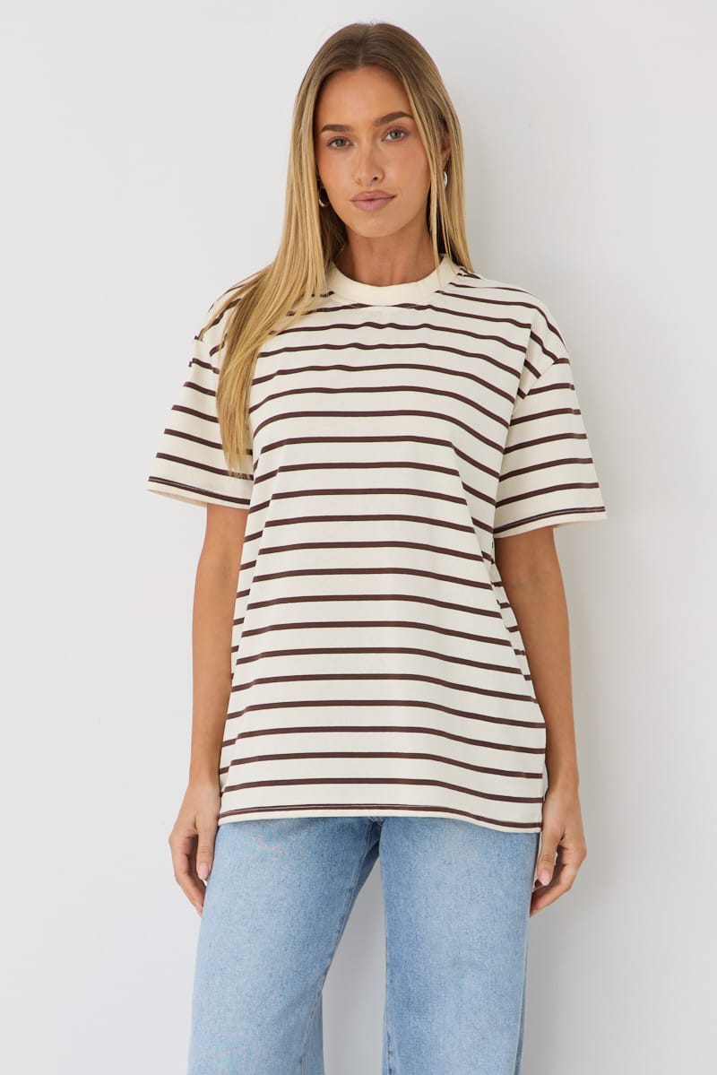 Brown Stripe Oversized Tee Short Sleeve
