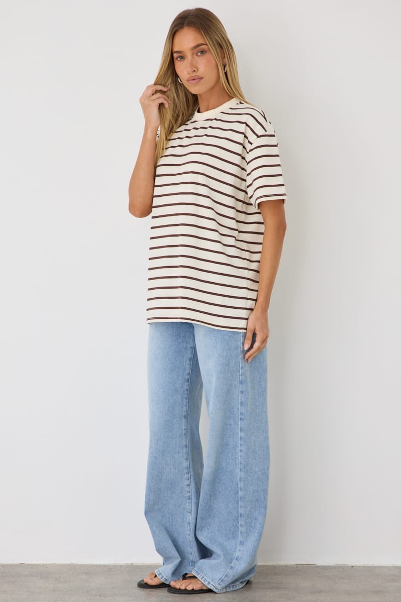Brown Stripe Oversized Tee Short Sleeve