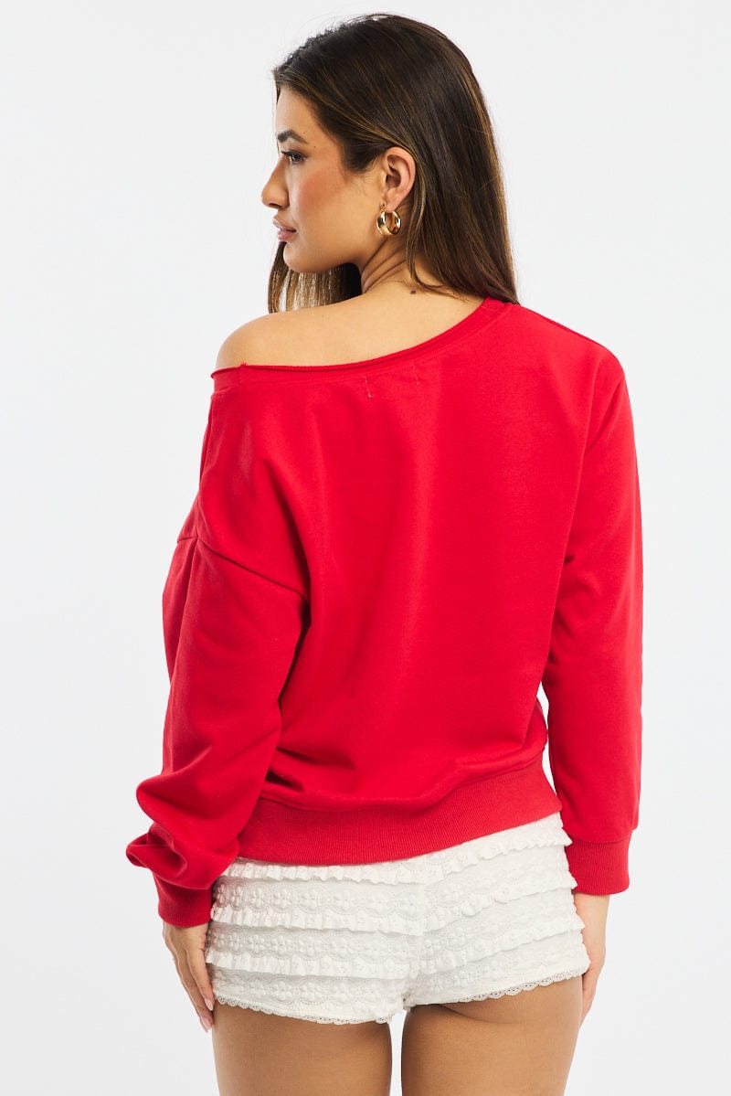 Red Color Rusher Shoulder Red Off Shoulder Sweater Long Sleeve | Ally Fashion