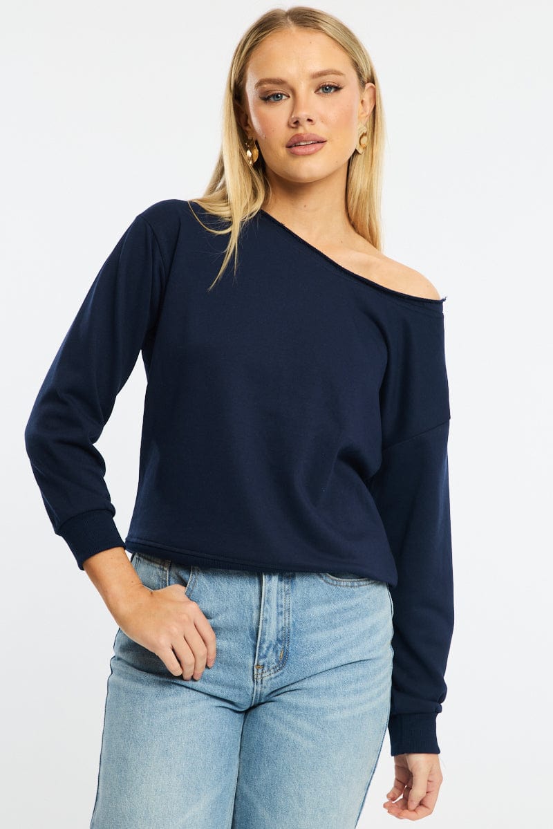 Blue Off Shoulder Sweater Long Sleeve