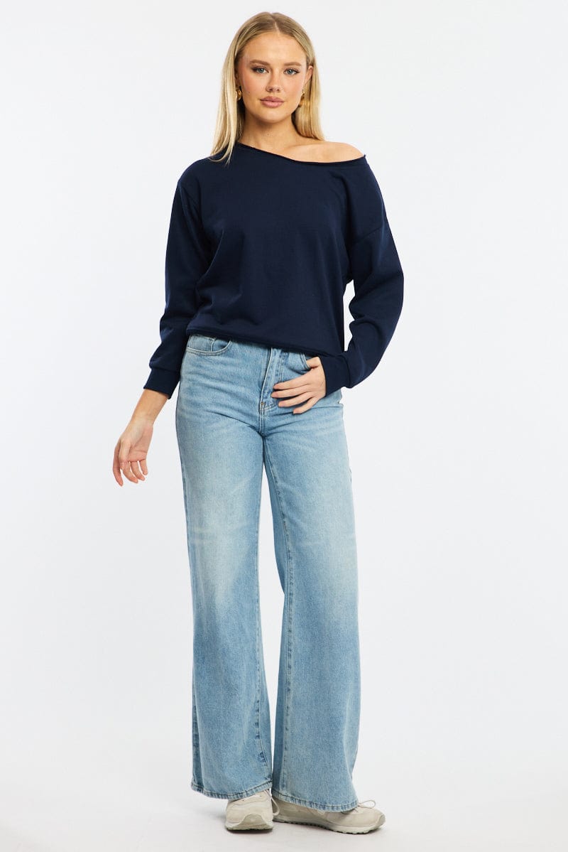 Blue Off Shoulder Sweater Long Sleeve
