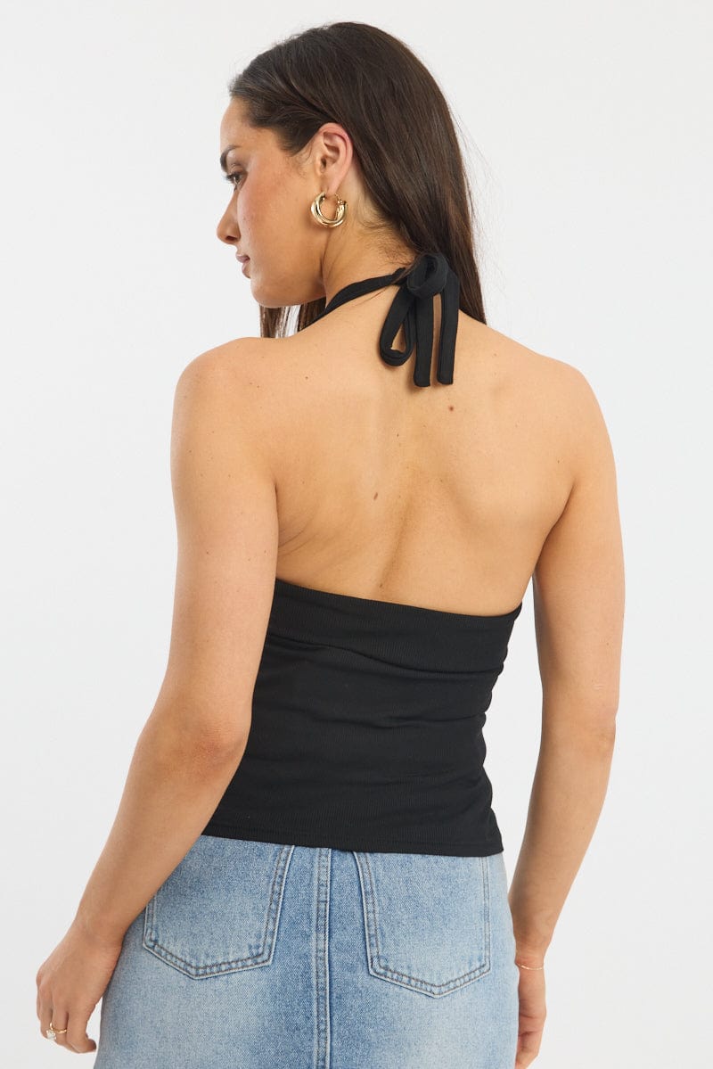 Black Halter Neck Top Button Front Rib