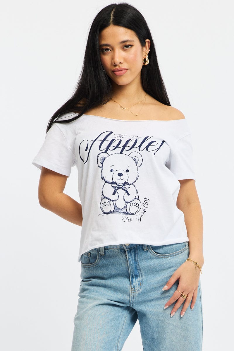 White Graphic Tee Off Shoulder
