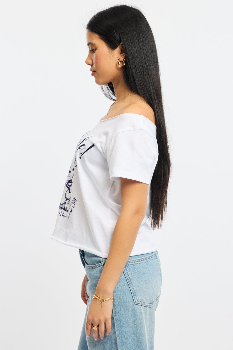 White Graphic Tee Off Shoulder