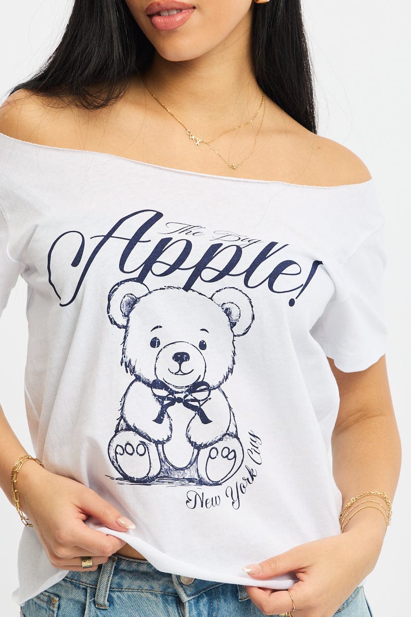 White Graphic Tee Off Shoulder