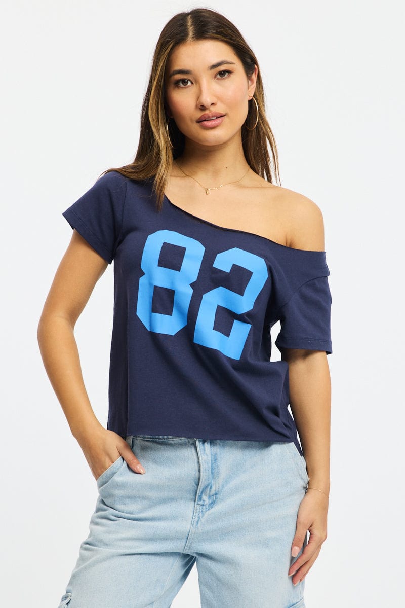 Blue Graphic Tee Off Shoulder