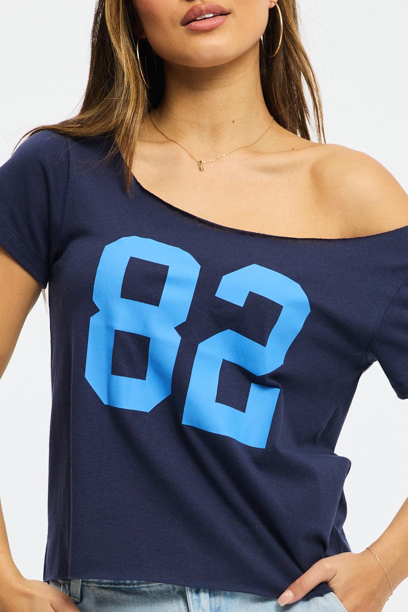 Blue Graphic Tee Off Shoulder