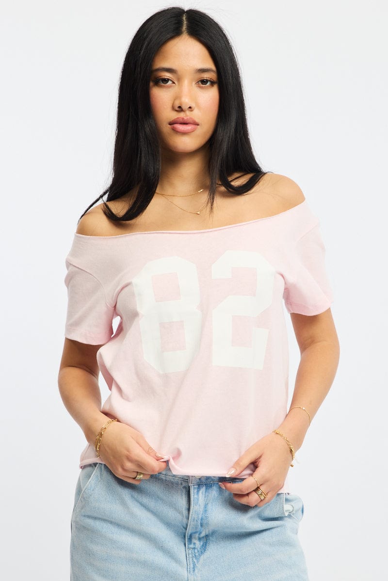 Pink Graphic Tee Off Shoulder