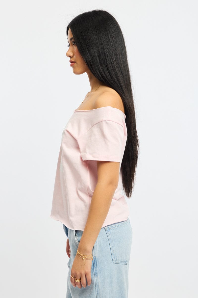 Pink Graphic Tee Off Shoulder