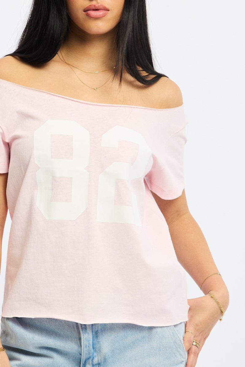 Pink Graphic Tee Off Shoulder