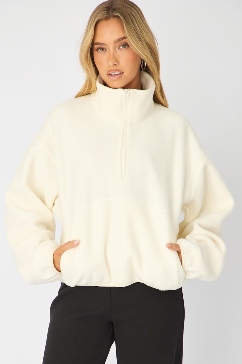 White Oversized Fit Long Sleeve Fleece Sweater