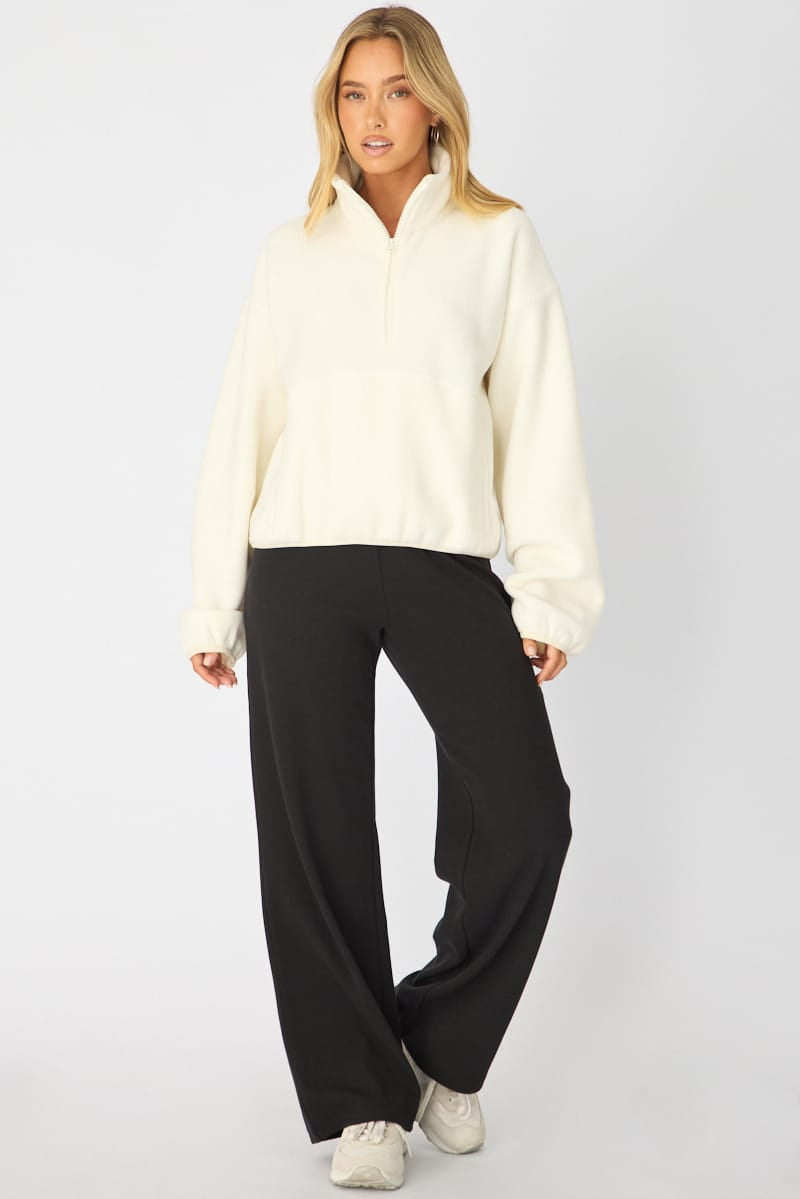 White Oversized Fit Long Sleeve Fleece Sweater