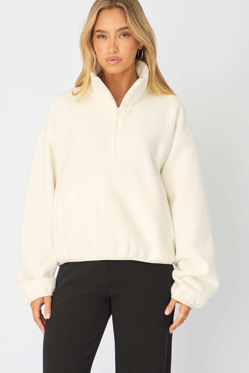 White Oversized Fit Long Sleeve Fleece Sweater