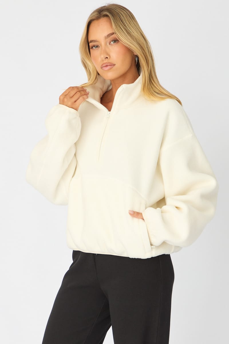 White Oversized Fit Long Sleeve Fleece Sweater