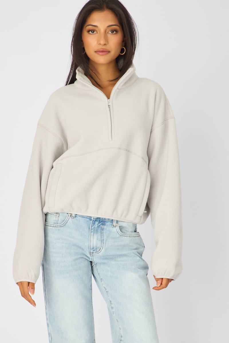 Grey Oversized Fit Long Sleeve Fleece Sweater