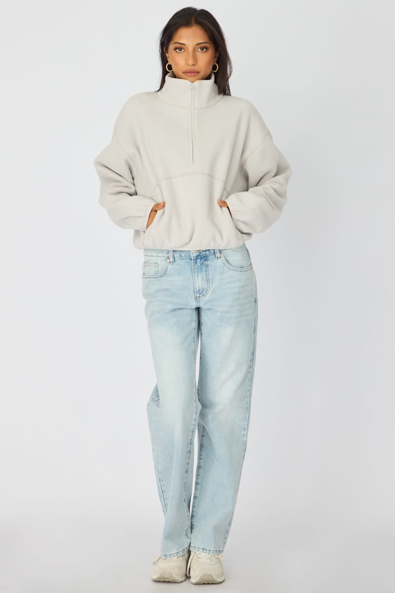 Grey Oversized Fit Long Sleeve Fleece Sweater