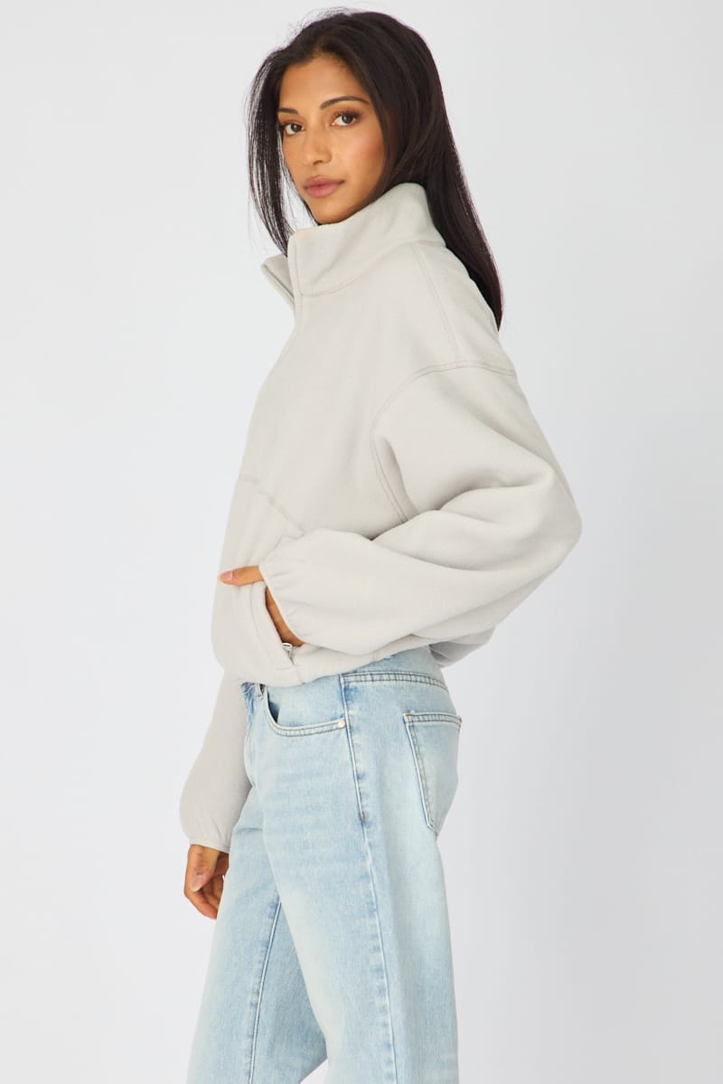 Grey Oversized Fit Long Sleeve Fleece Sweater