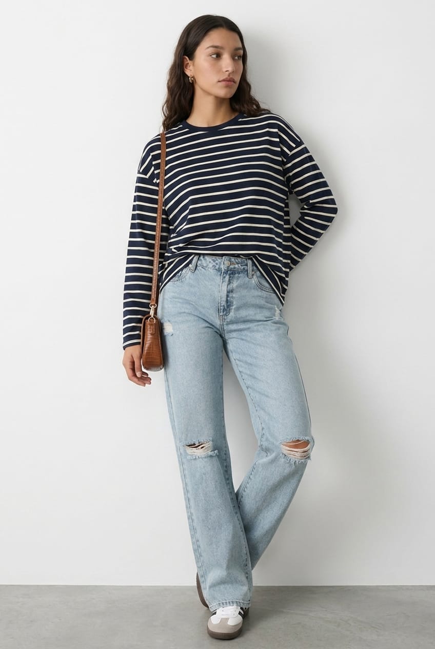 Blue Stripe Oversized Tee Long-Sleeve from Ally Fashion