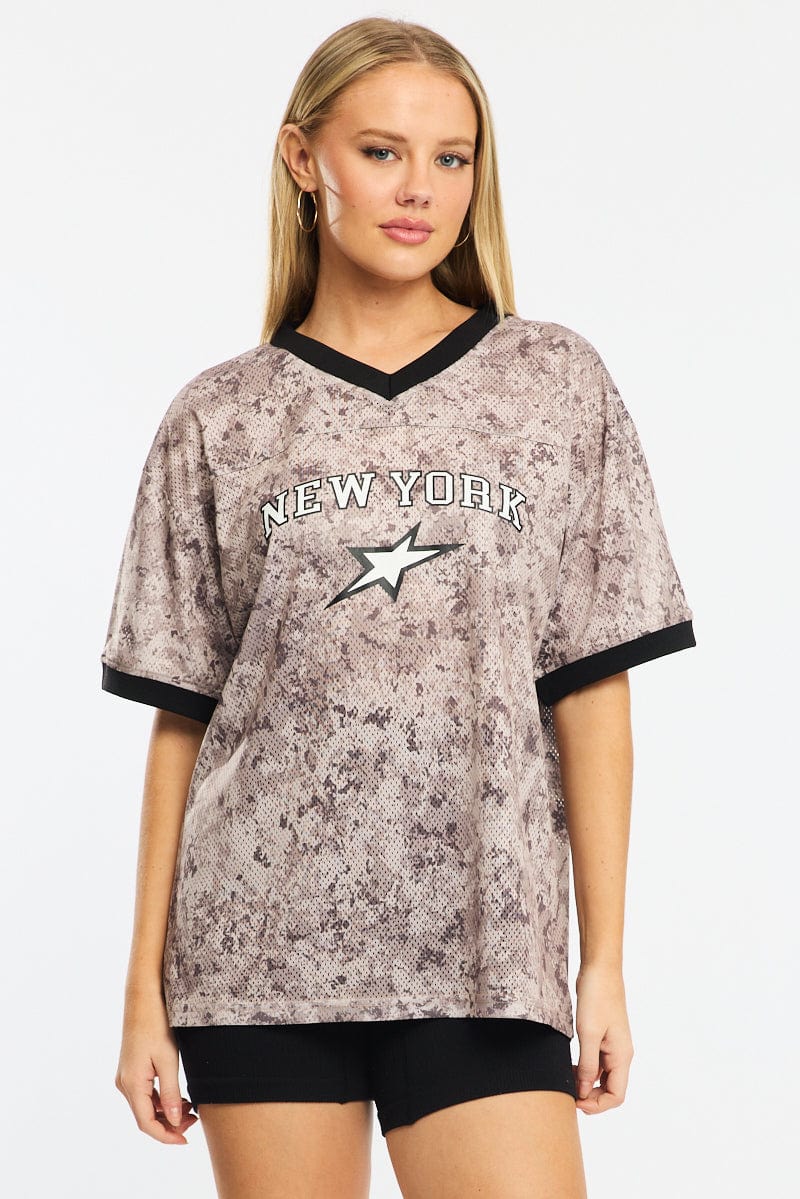 Brown Print Sports Tee Short Sleeve
