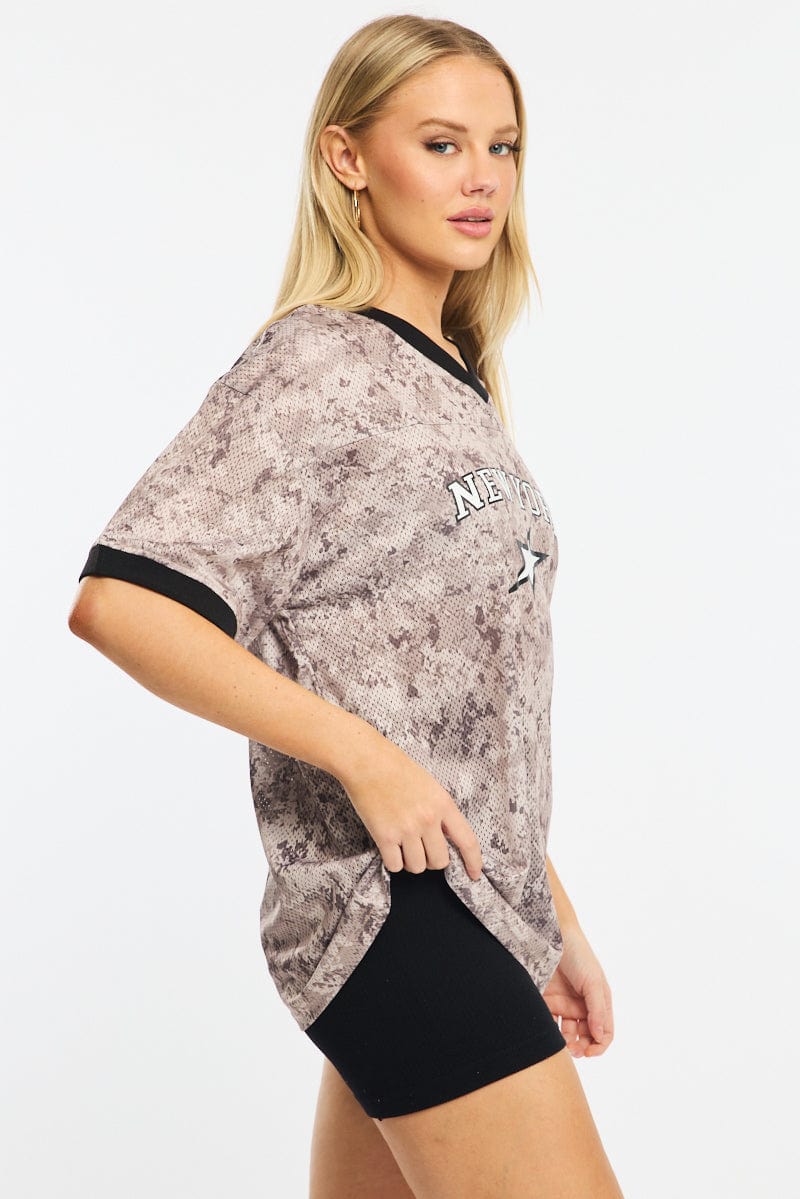 Brown Print Sports Tee Short Sleeve