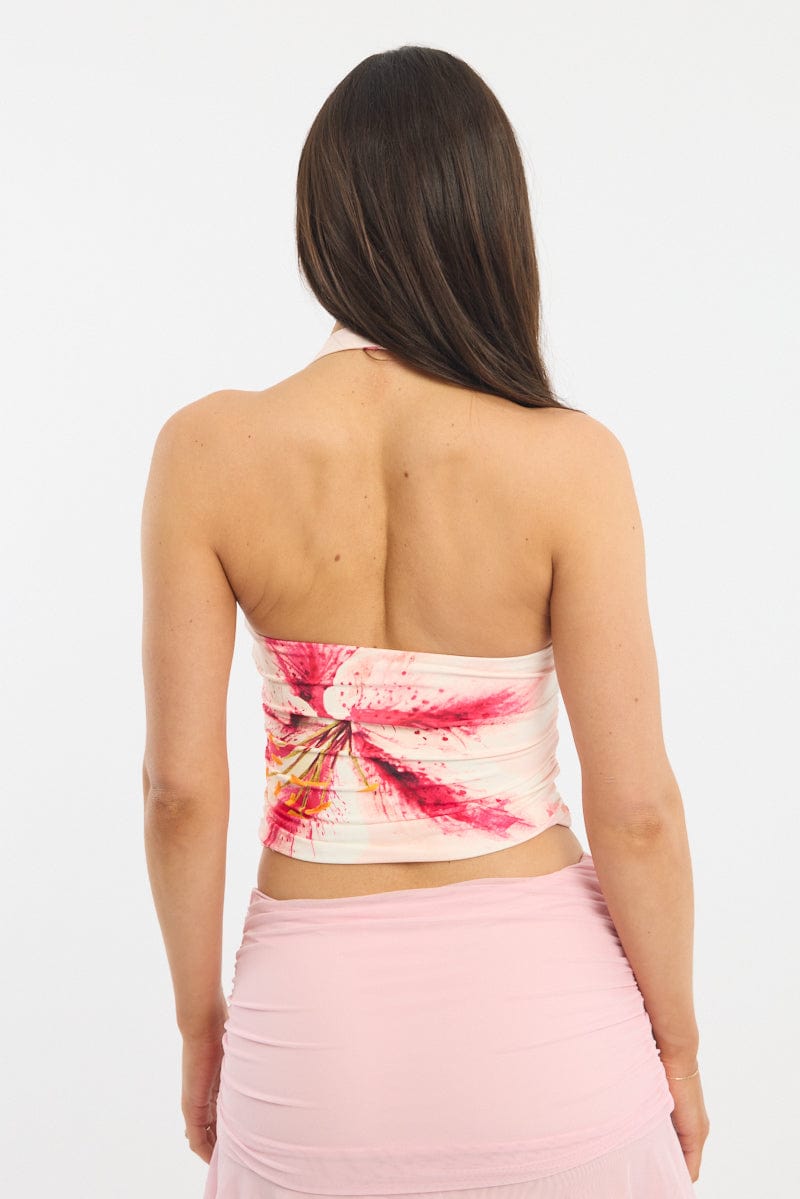 Pink Floral Halter Neck Top